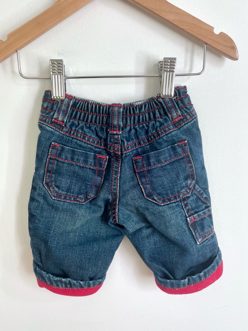 $6 💥Vintage Fleece-Lined Carpenter Jeans, Unisex Baby, Red Fleece & Stitching